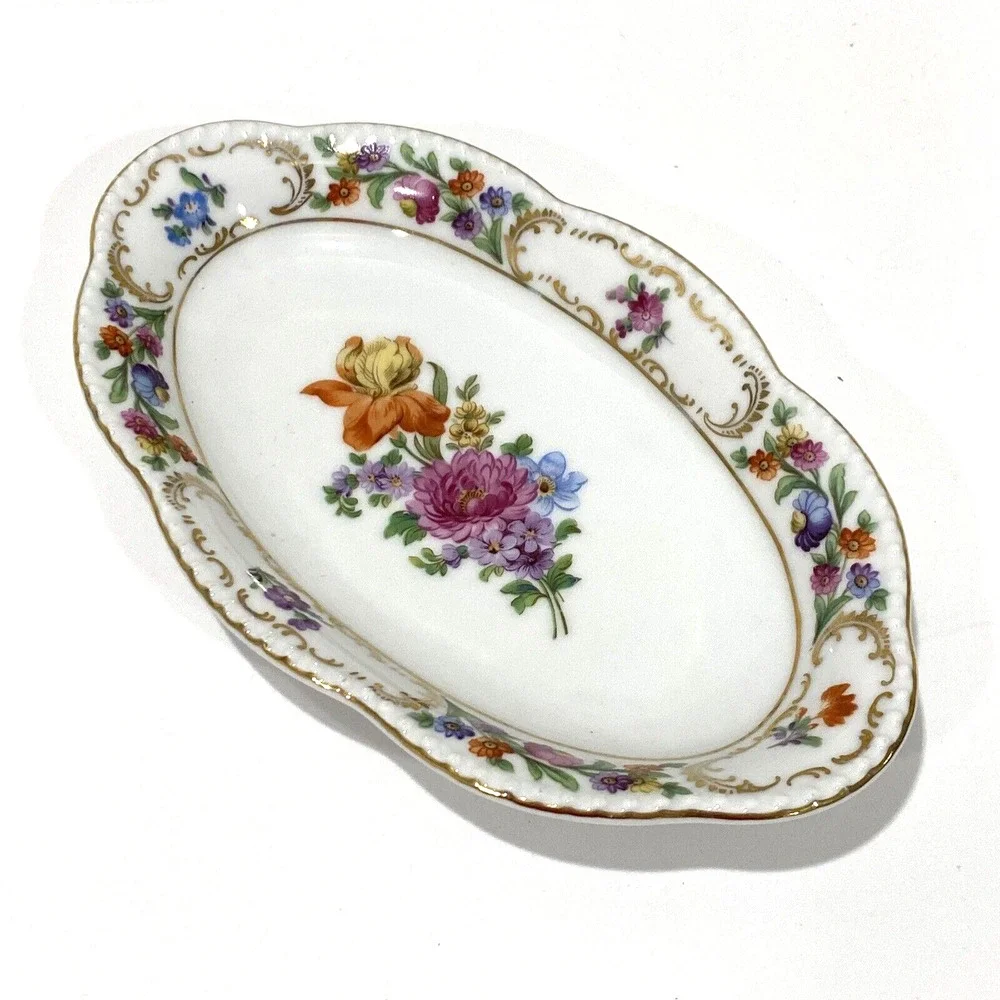 Vintage Schumann Bavarian porcelain relish dish oval floral colorful display